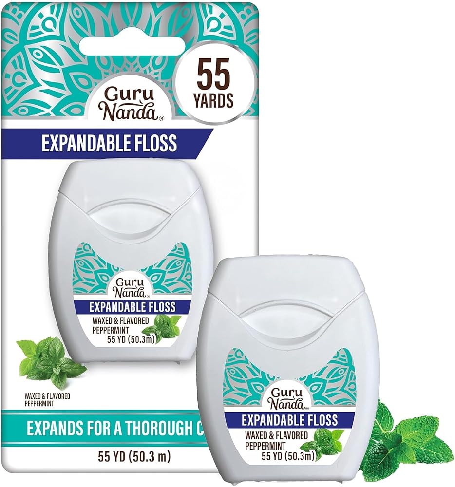 GuruNanda Expandable Waxed Dental Floss for Gentle, Deep Cleaning Wide Teeth Flossing - Peppermint Flavor - 55 Yards, 1 Count