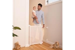 Retractable Baby Gate Perma Child Safety 33" Tall x 55” Wide, Mesh, for Stairs, Doorways, Dogs, Pets, Indoor, Outdoor, One-Handed Operation, Locking, Easy Install, Hardware Mount, White