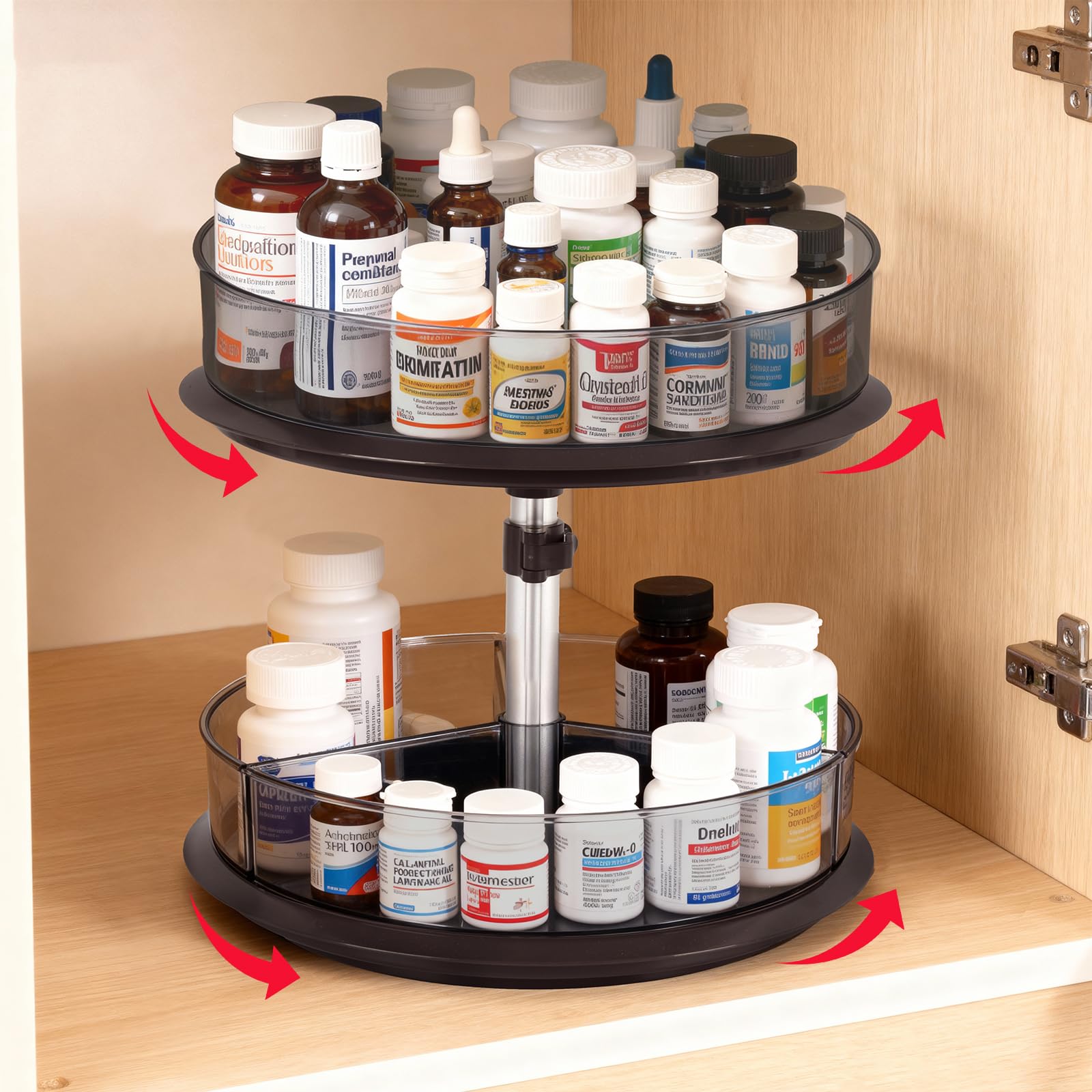 Photo 1 of 2 Tier Medicine Cabinet Organizer, Rotary Turntable Organizer for Medicine and Vitamin Bottles, Under Sink Organizer for Medicine, Bathroom Cabinet Storage, Tray has Removable Dividers, Easy Assembly
