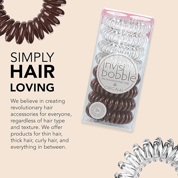 INVISIBOBBLE ORIGINAL TRACELESS SPIRAL HAIR TIES – PACK OF 8, CRYSTAL CLEAR AND PRETZEL BROWN – STRONG ELASTIC GRIP COIL ACCESSORIES FOR WOMEN – NON SOAKING – GENTLE FOR GIRLS TEENS AND THICK HAIR