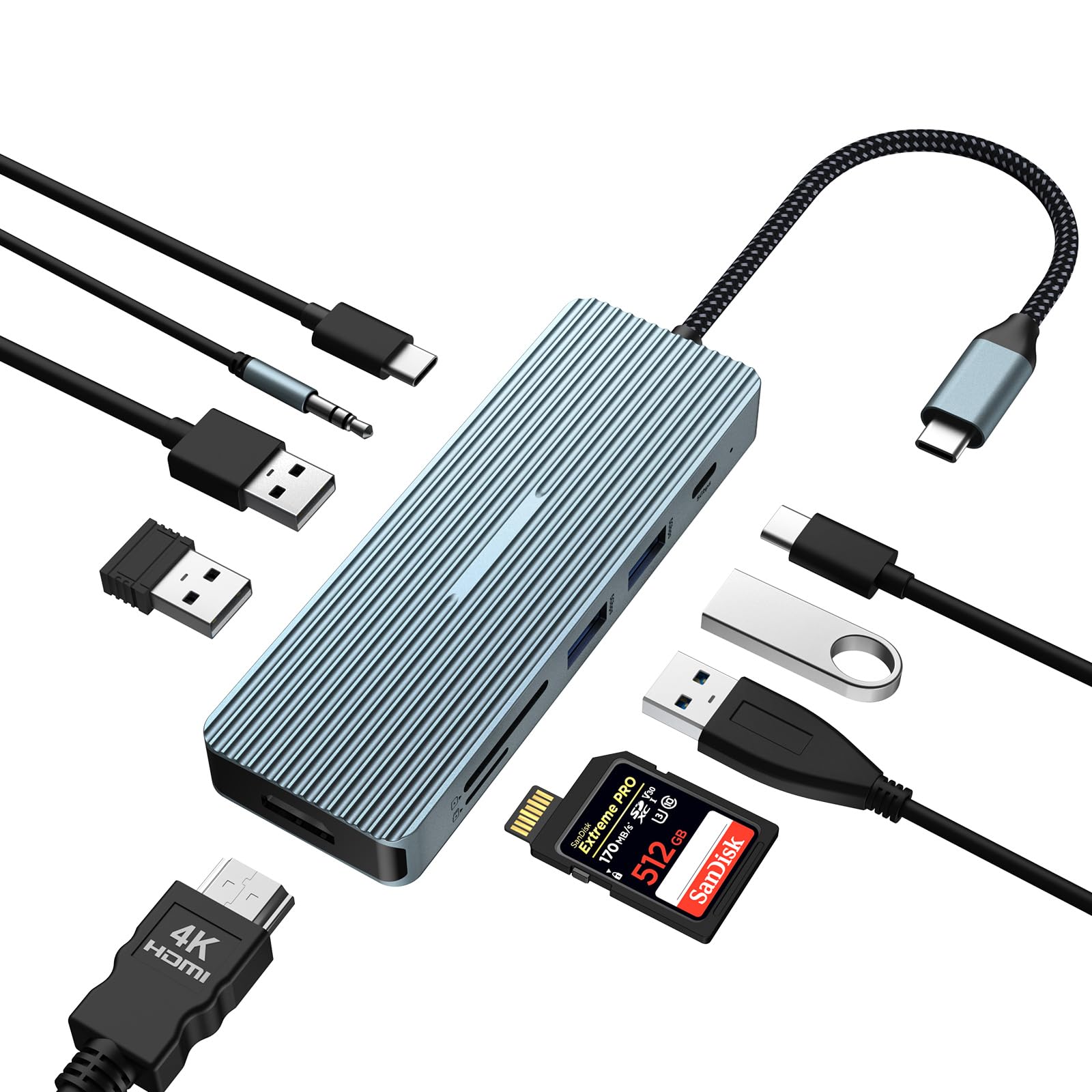 10 in 1 USB C Hub, Oditton Adapter Hub with 4K HDMI, 2 x USB 3.0, USB-C 3.0 Data Transfer, 2 x USB 2.0, 100W PD, SD/TF, 3.5mm Audio Jack for Laptops, iPad