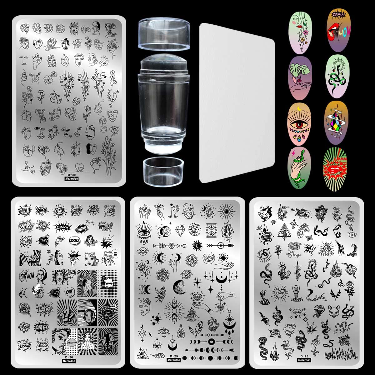 Nail Stamping Kit,4 Pcs Big Nails Stamp Plates +1 Double Sided Clear Jelly Finger Art Stamper with Scaper Set, Abstract Face Snake Constellation Black Line Design Templates Stamps Stencils — image 1