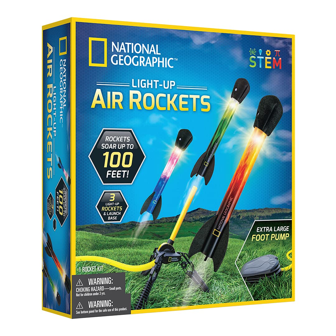 Blue Marble National Geographic Air Rocket Toy – Light-Up LED Rocket Launcher for Kids, Jump and Launch The Light Up, Air Powered, Foam Tipped Rockets up to 100 Feet