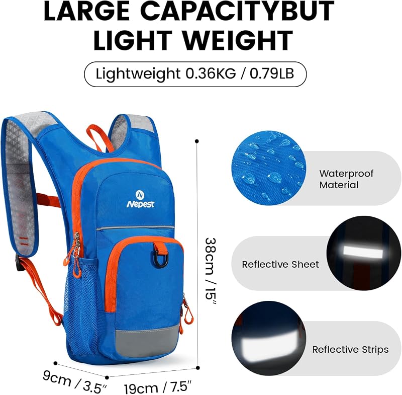 Zaino idrico per bambini, mini zaino con sacca d'acqua da 1,5 l, per escursionismo, ciclismo, corsa, blu