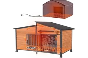 GUTINNEEN Extra Large 60" Heated Dog House Outdoor Insulated Dog Kennel with Safe Heated Pad, Chew-Proof Metal Frame and Rotating Food Bowl for Large Dog Breeds, 60" L x 36" W x35.4 H (Brown)