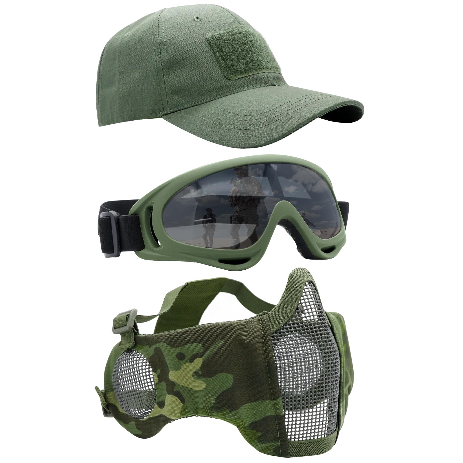 Yzpacc Airsoft Half Face Mask with Goggles& Patch Hat Set, Tactical Masks Full Face Ear Protective Baseball Cap for CS Halloween and Game (CPOD, 3PCS)