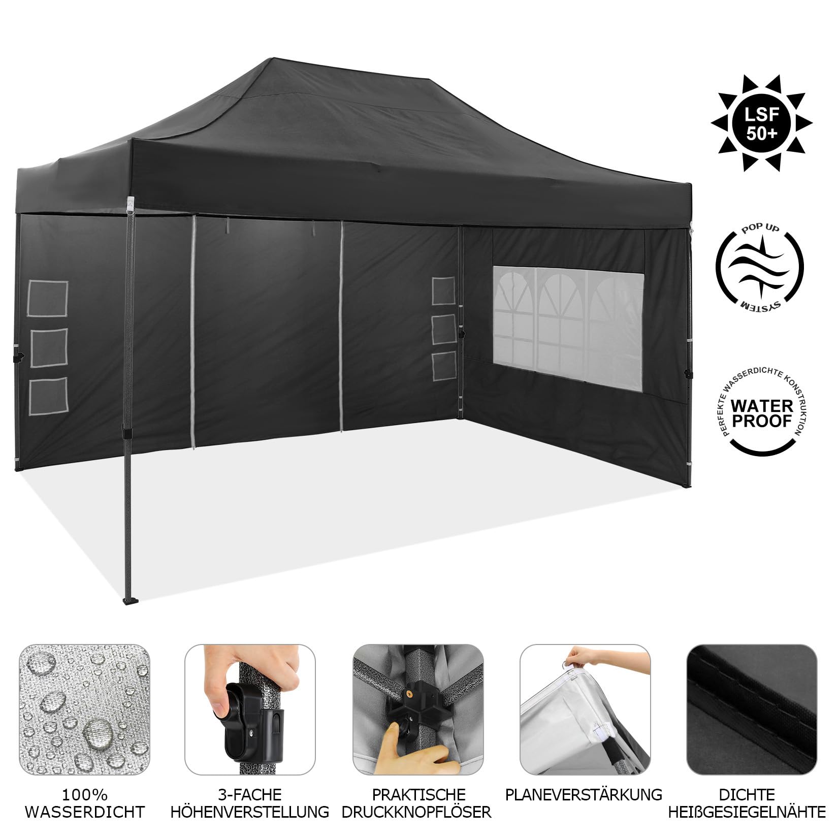 COBIZI Pavillon 3x4,5 Wasserdicht Stabil Winterfest mit Seitenwand,Schwarz 2