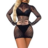 ZUYPSK Womens Lingerie Dress Long Sleeve Hole Chemise Babydoll Bodysuit Dress Clubwear