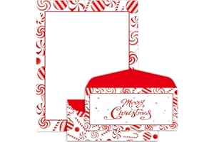 Lonfliness 50 Set Peppermint Christmas Letterhead with Paper Envelopes Candy Cane Christmas Border Computer Print Paper Stationery for Note Letters to Santa Invitations Office School 8.5 x 11 In