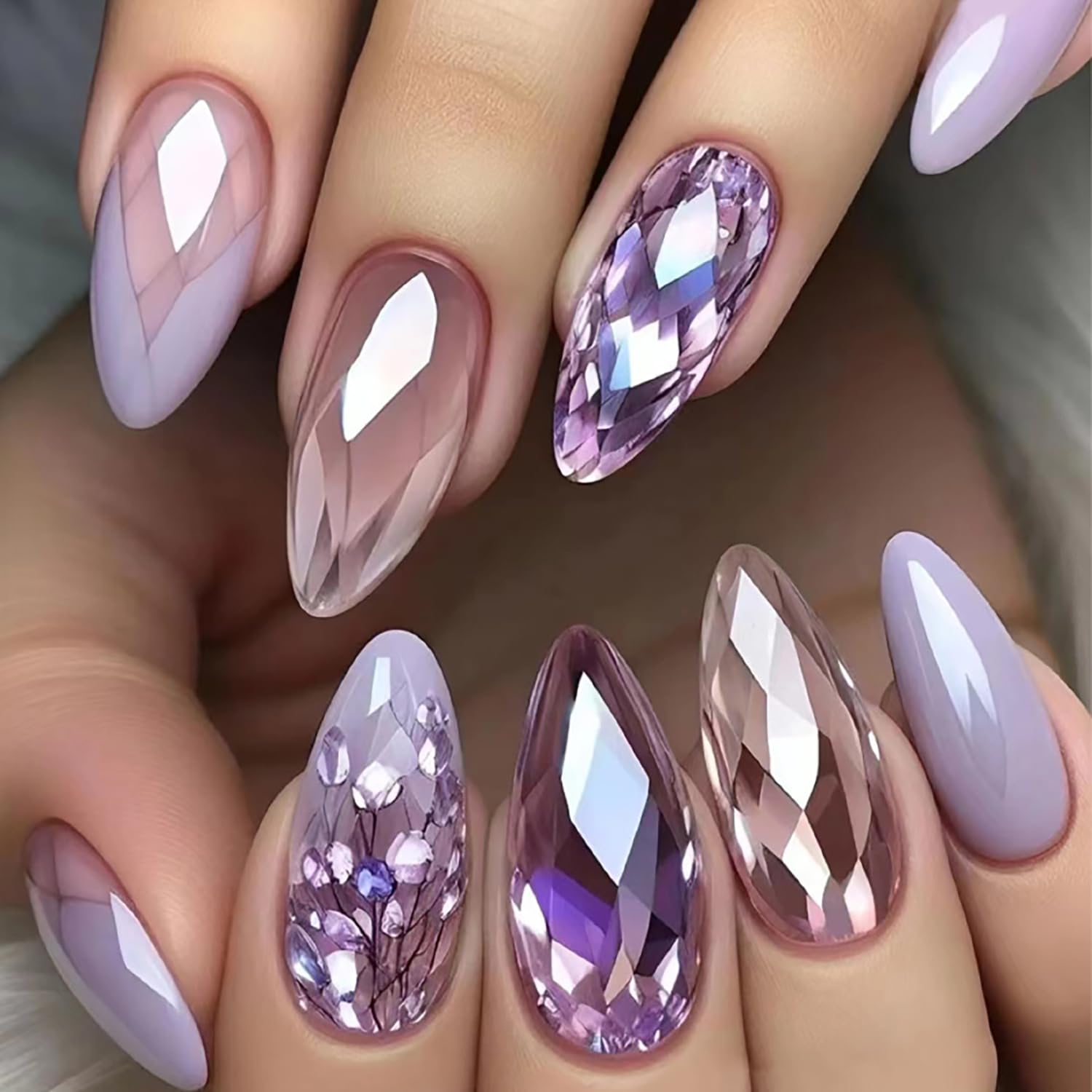 24 Pcs Medium Press on Nails Almond RIICFDD Fake Nails Light Purple Glitter False Nails Flower Design Artificial Glossy Full Cover Glossy Acrylic Nails for Women and Girls Nail Decor