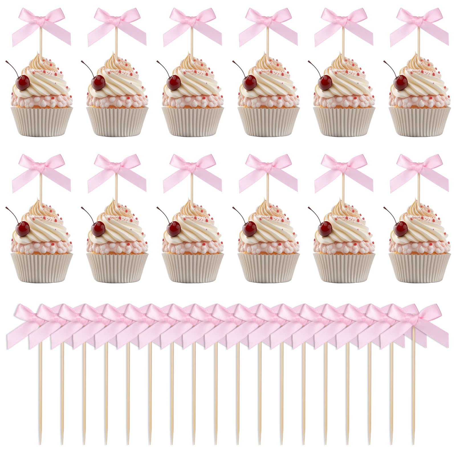 Photo 1 of 30pcs Pink Bow Cupcake Toppers, Bow Cupcake Picks Ribbon Bowknot Cake Decorations for Girls Birthday Baby Shower Coquette Theme Parties