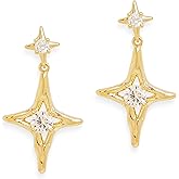 Sonateomber Gold Star Drop Dangle Earrings for Women Statement Sparkly Rhinestone Birthstone Lucky Four-point Stars Dangling Stud Earings Prom Fashion Birthday Jewelry Gift