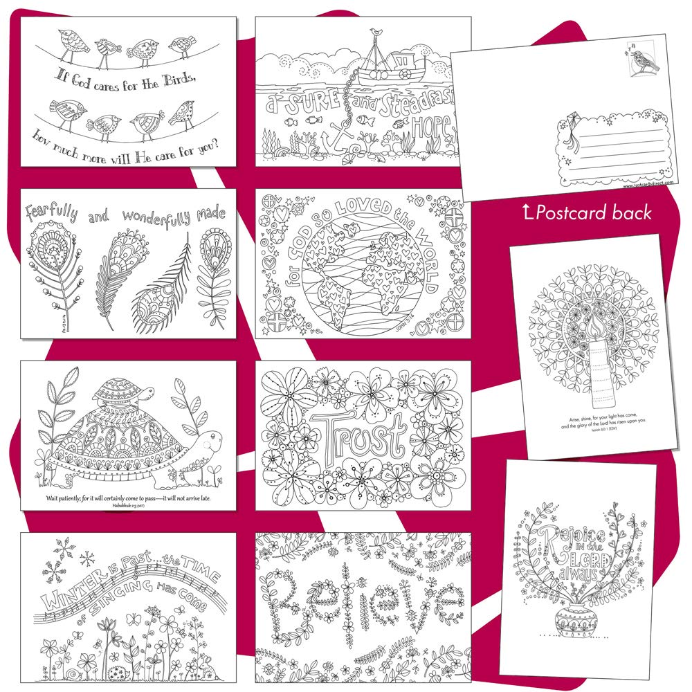 Christian Colouring Postcards, Images of Hope, Pack of 10 different designs, with coloured Bible verse on reverse. Makes a great Christian gift for adults or children, by Just Cards Direct.