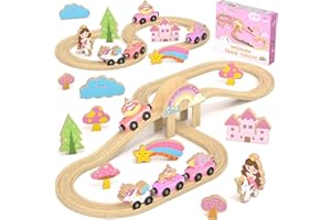 Unicorn Wooden Train Set for Toddler, Girl Toys for Ages 2-4, Magical Fairy 38 Pcs Train Toys with Railway Track,Gifts for Gi