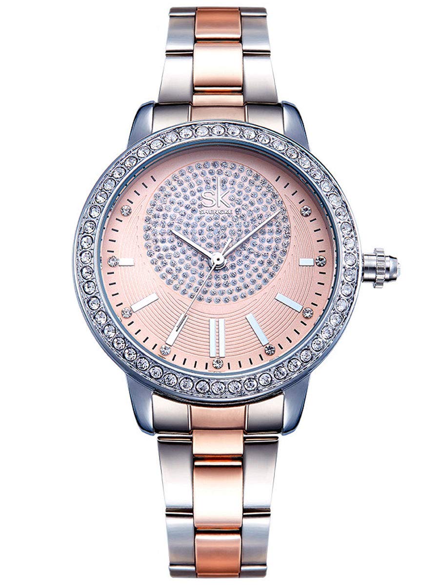 Alienwork Women's Watch Silver Stainless Steel Metal Strap Rose Gold Rhinestone Glitter Elegant