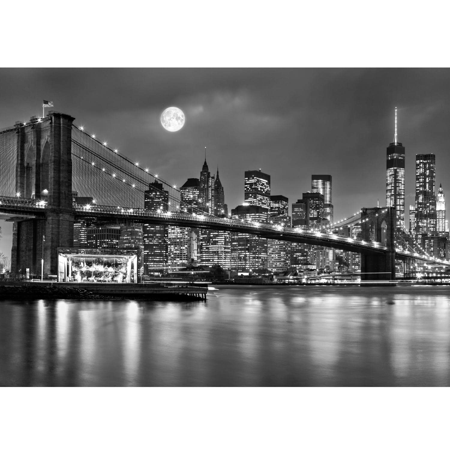 Runa Art Photo Wallpaper Brooklyn Bridge Night 352 x 250 cm Non-Woven Wall Art XXL Moderne Living Room Bedroom Black-and-White 9101011b