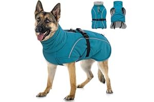 Queenmore XXL Dog Coat, Winter Jacket for Large Dogs, Waterproof Puffy Snowsuit, Adjustable Reflective Fleece Lining Warm Padding Parka for Cold Weather, Blue 2XL