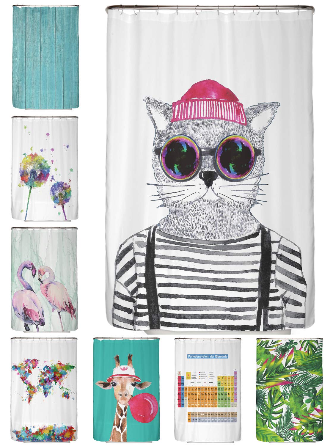 arteneur® - Hipster Cat Berlin - Anti-Mould Shower Curtain 120 x 200 cm - Recycled with Oeko-Tex Standard 100 - Weighted Hem, Opaque, Waterproof, Washable, 8 Rings & E-Book with Cleaning Tips — image 1