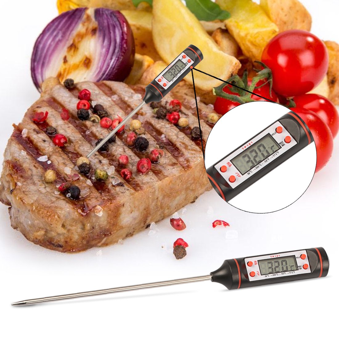 Termómetro Digital de Cocina, Termómetro de Comida Reacción Rápida con Pantalla LCD Sonda Larga Apagado Automático para Alimentación, Carne, BBQ, Horno, Líquido, Comida Bebé, Bebida, etc