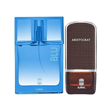 Ajmal Blu Femme EDP Floral Woody Perfume 50ml for Women and Aristocrat EDP Citrus Woody Perfume 75ml for Men + 2 Parfum Testers FREE