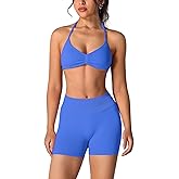 ABOCIW Womens Seamless Workout Sets 2 Piece Strappy Halter Sports Bra Scrunch Butt Shorts Gym Yoga Outfits