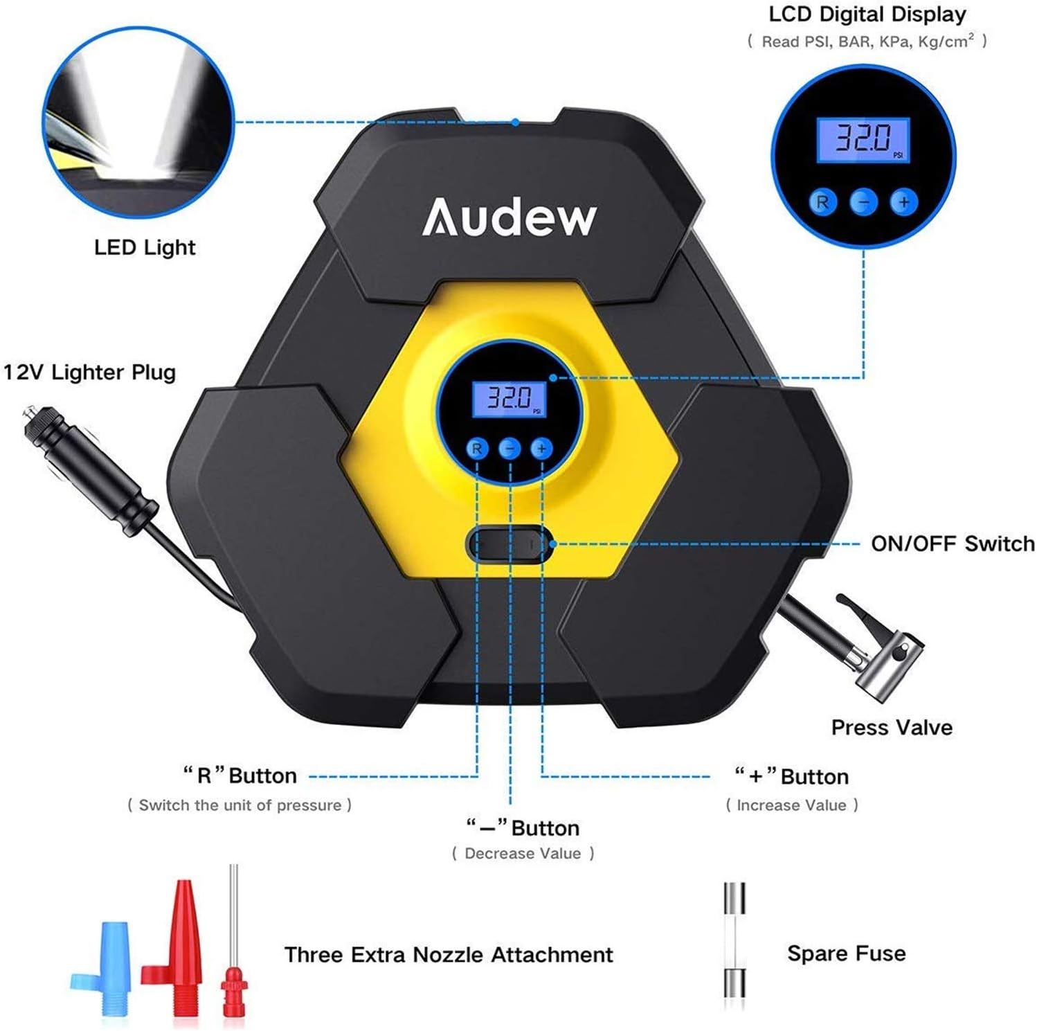 Audew Portable Air Compressor Tire Inflator with Gauge, Auto Digital Air Pump for Car Tires with Extra LED Light, DC 12V 150 PSI Tire Pump for Car,Bicycle,Motorcycle,Basketball,Pool Toys: Automotive