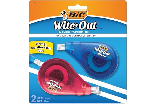 BIC Wite-Out Brand EZ Correct Correction Tape, 39.3 Feet, 2-Count Pack of white Correction Tape, Fast, Clean and Easy to Use Tear-Resistant Tape Office or School Supplies