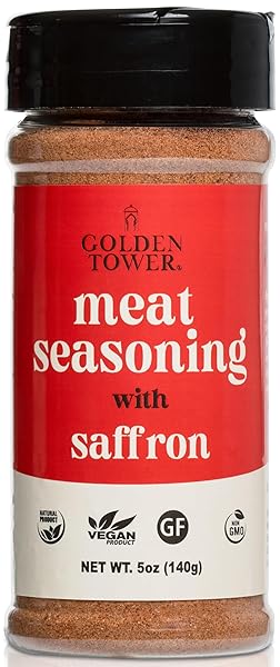 STEAK AND MEAT SEASONING WITH SAFFRON – 100% NATURAL HERBS AND SPICES, BBQ SEASONING, GRILL SEASONING, NON-GMO, NO-MSG, GLUTEN FREE, NATURAL INGREDIENTS BY GOLDEN TOWER – 5OZ PACK – 140G
