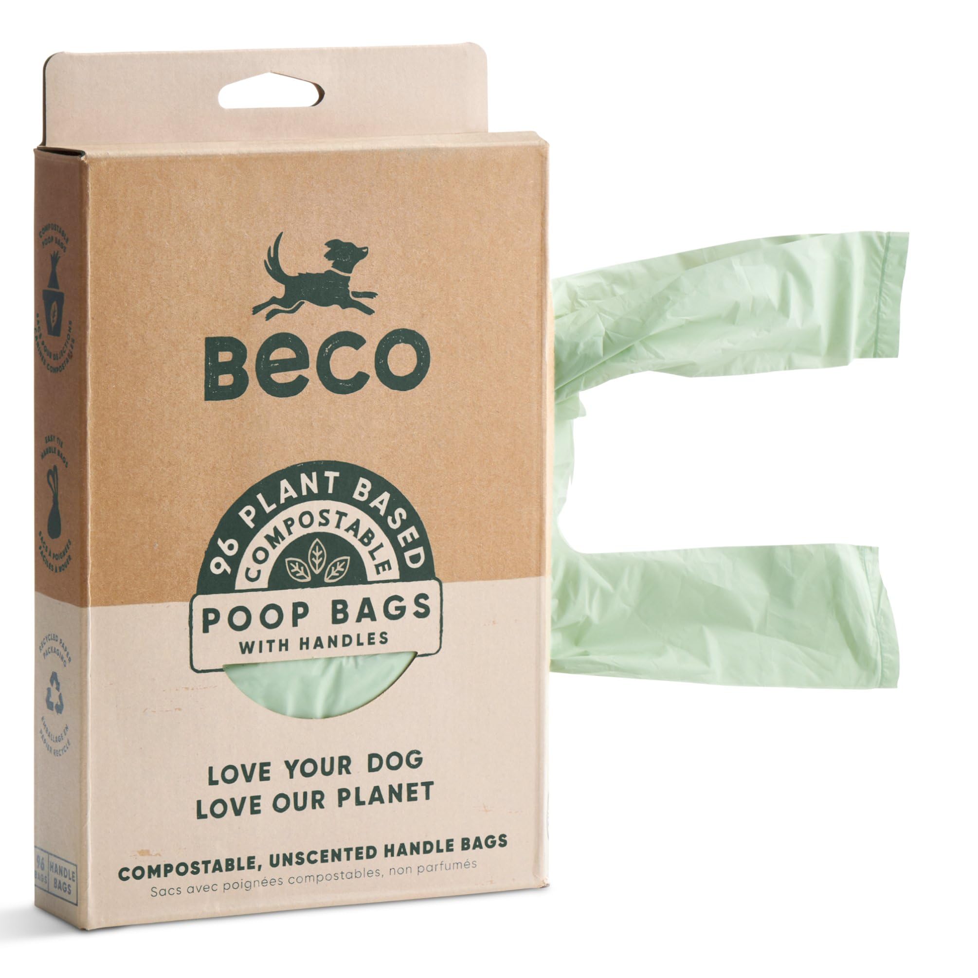 Beco Home Compostable Poop Bags | 96 Bags | Loose Packed With Handles | Unscented Dog Poo Bags,Green