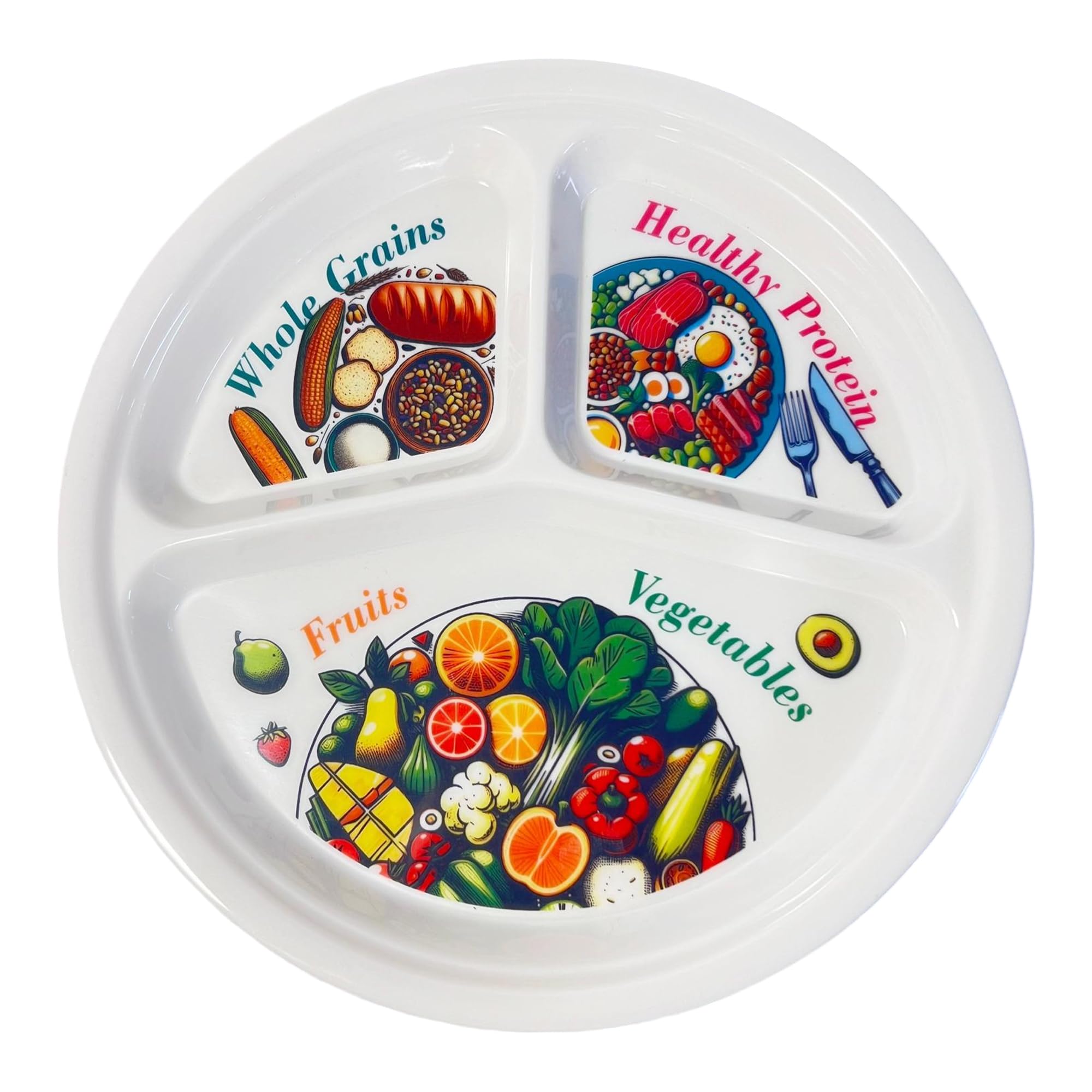 Thorness Colourful Melamine Portion Control Plate for Adults to Encourage Healthy Eating, Melamine Diet Plate Visually Divided for Slimming and Weight Loss