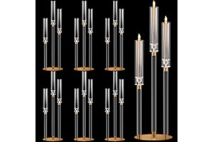 Layhit 6 Pack Acrylic Candelabra Centerpieces 30.5'' Tall Clear Candle Holder Gold 3 Arm Crystal Candle Holder Candlesticks Holder with Clear Lampshade for Wedding Party Fit 0.8 LED Candlesticks