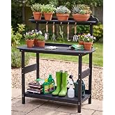Kibaso HIPS Outdoor Potting Table Bench with 3-Tier Storage Black | Wood Grain Worktop, Easy Assembly, Easy Clean, Suitable for Garden, Backyard, Patio, Lawn, Greenhouse