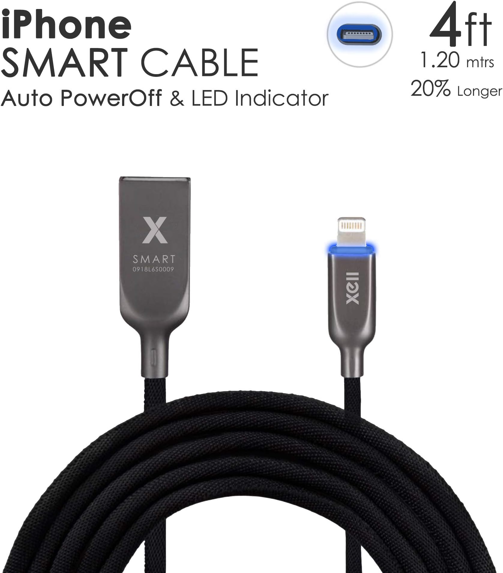 XELL Luxury 4feet/1.2 m Long Nylon Silk Braided Smart Chip Technology Charging Cable for iPhone and iPads (Silky Black