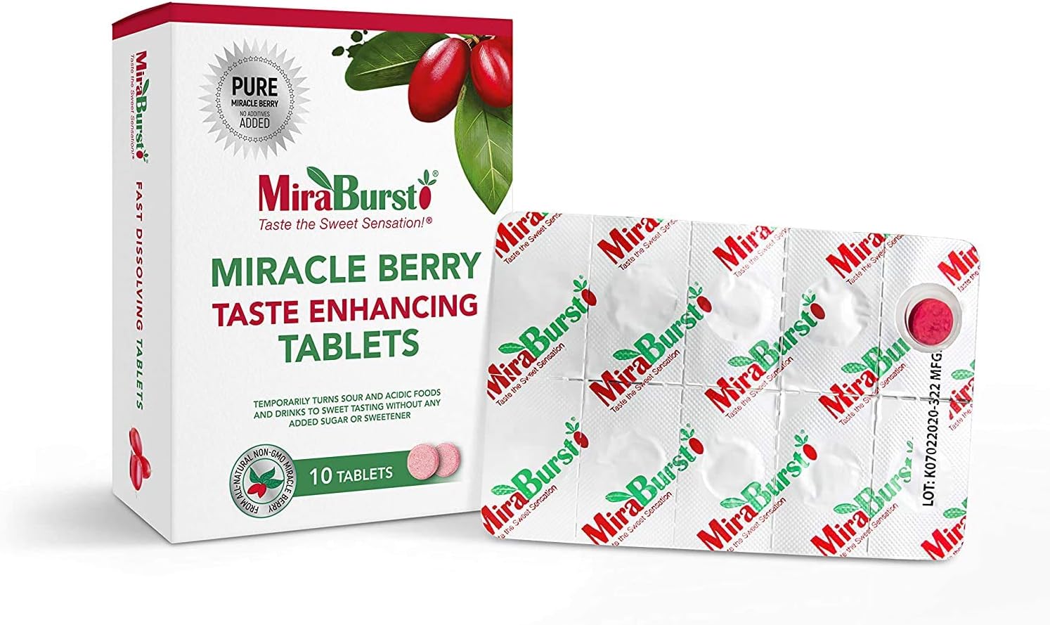 MiraBurst Taste Enhancing Miracle Berry Tablets (10 Count), Produced from 100% Pure Miracle Fruit Powder, No Additives, No Preservatives, Non-GMO, Vegan, Turns Sour and Acidic Food and Drinks Sweet: Health & Personal Care