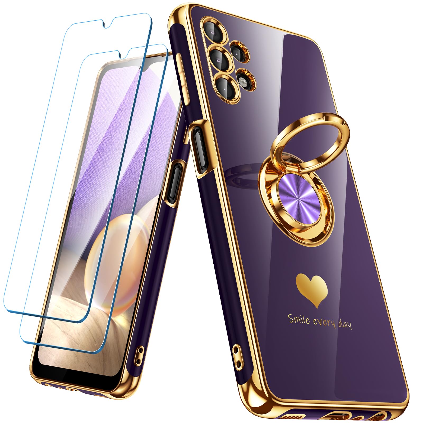Nonional for Samsung Galaxy A32 5G Case with 2 Pack Screen Protector, 360° Rotatable Ring Holder [Luxury Hearts Pattern] Plating Gold Edge Slim Soft Phone Cover Case for Galaxy A32 - Purple