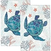 Kou Marty Sea Turtle Ocean Hand Towel for Bathroom 2 Pcs Decorative Kitchen Towels Kitchen Decor Absorbent Dish Towels Fast Drying Tea Towel Dishcloth with Hanging Loop 16”X 24”