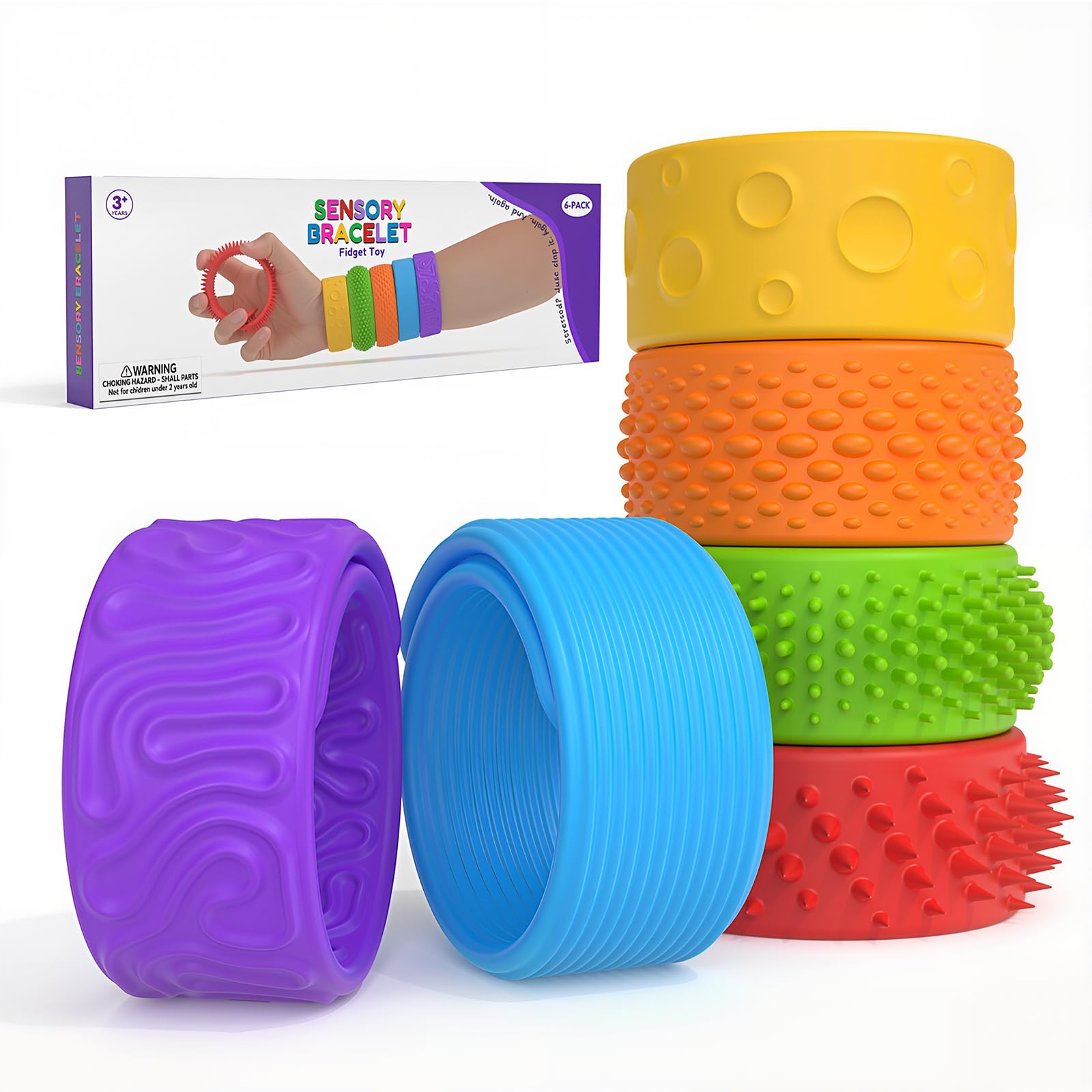 6 Pack Sensory Fidget Toys Stretchy Slap for Kids Adults - Texture & Calming Autism Toys for Special Needs Autistic Children Calm Down Classroom Essentials, Stuffers Gifts for Boys Girls