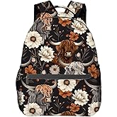 Rustic Highland Cow Backpack, School Travel Laptop Polyester Cows & Floral Backpacks for Women Kids, Work Sports Back Pack Casual Daypack, Lightweight Rucksack Gifts for Hiking Camping Gym