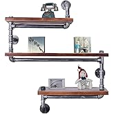 Diwhy Industrial Pipe Shelving Bookshelf Rustic Modern Wood Ladder Storage Shelf 3 Tiers Retro Wall Mount Pipe Design DIY Shelving (Silver)