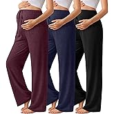 Sweetyweee 3 Pack Maternity Pants for Women Over The Belly Lounge Work Pregnancy Pants Drawing Wide Leg Trousers with Pockets