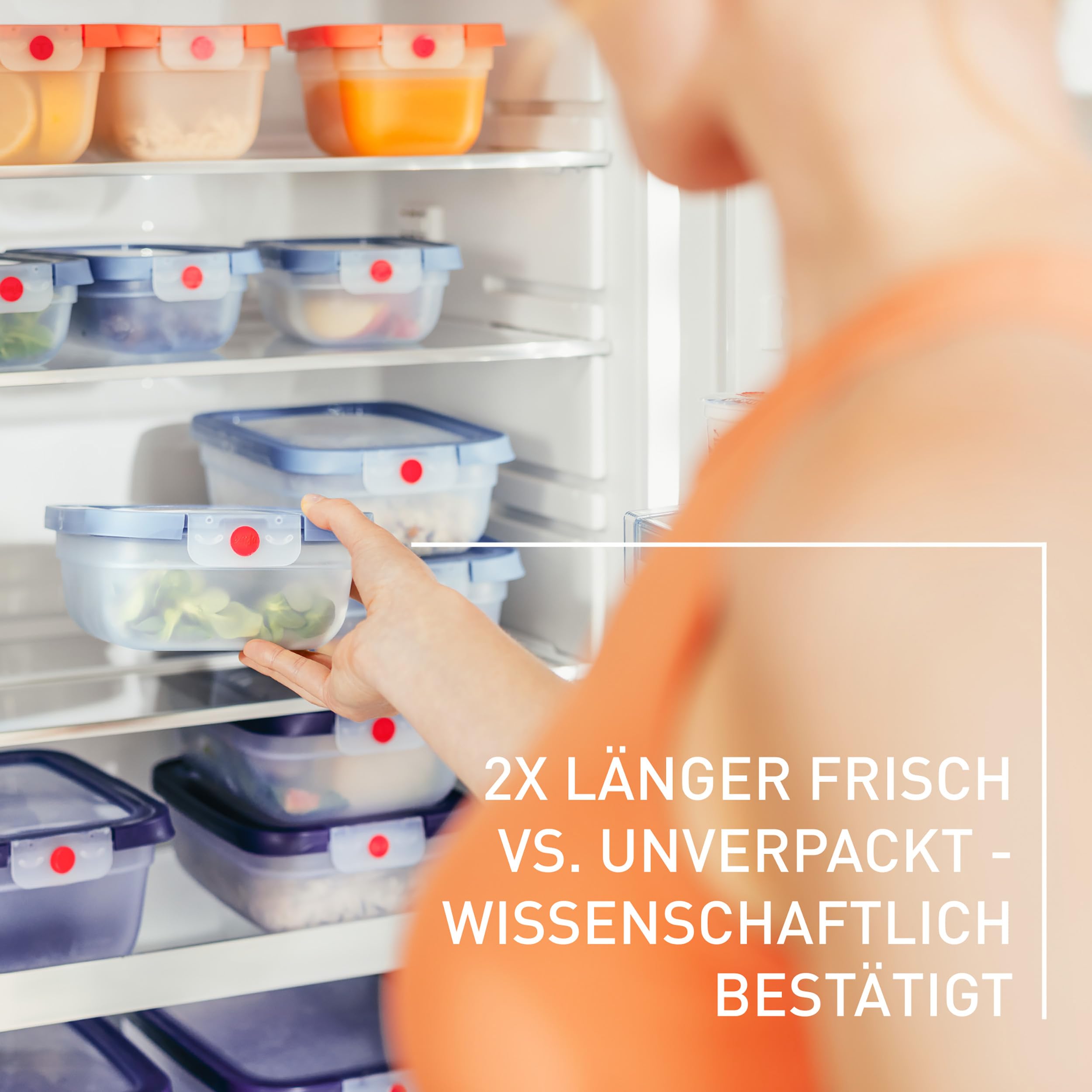 Emsa oneClick Frischhaltedosen, 5-teiliges Set, 2x0,5, 2x1,2, 1x2,3L, 100 Prozent dicht, Made in Germany, gefrier-, mikrowellen- und spülmaschinengeeignet, platzsparend, blau, N1230900 6