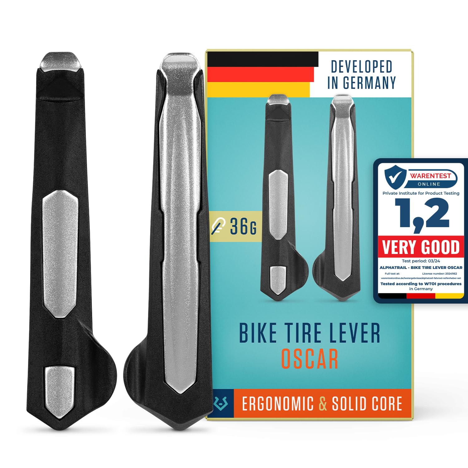 Alphatrail Bike Tyre Lever Oscar - Set of 2 I Extrem stable aluminium core (36g total weight) I Optimum lever length I Ergonomic tyre remover tool for Schwalbe. Michelin. Continental. Maxxis etc