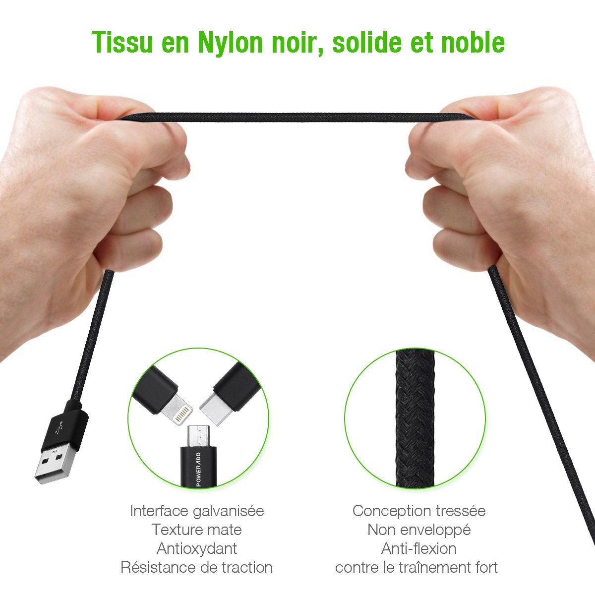 Poweradd 3 en 1 Câble de chargeur multi-Câble avec Adapteur 8 Pin Lightning/Type-C / Micro USB pour iPhone/iPad/Samgung/Nexus/Asus téléphone portable de type C-Noir