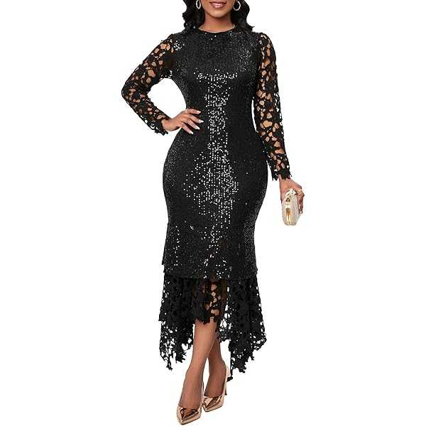 Amazon.com: Women's Plus Size Lace Dress Long Sleeve Maxi Dress Wedding  Party Gown Black X-Large : Clothing, Shoes & Jewelry