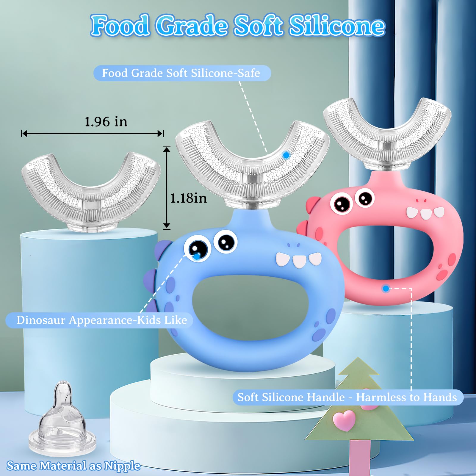 Toddler Toothbrush - U Shaped for Kids Ages 1-2, 2-4, Baby Toothbrush with Food Grade Soft Silicone, 360° Whole Mouth Cleaning Design, 2 PCS