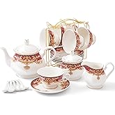 DUJUST 22 pcs Royal Vintage Porcelain Tea Set for 6, Luxury British Tea Sets for Adults with Red Patterns & Golden Trim, Beautiful Floral Tea/Coffee Cup Set, Gift Package - Royal Treat for You