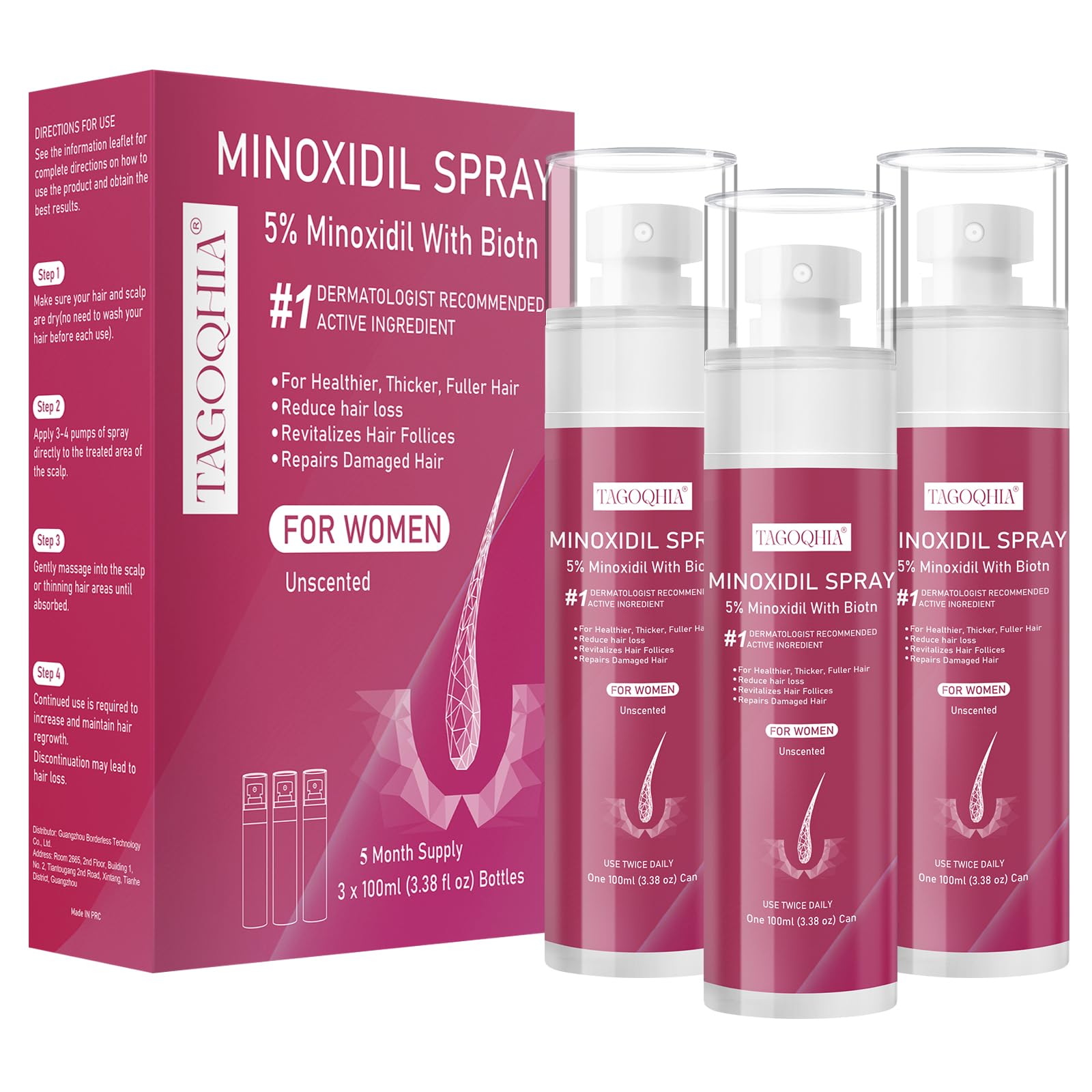 Photo 1 of 5% Minoxidil for Women Hair Regrowth Spray, hers hair regrowth treatment Infused with Biotin, Extra Strength Treatment to Combat Hair Loss and Thinning, 3 Bottles