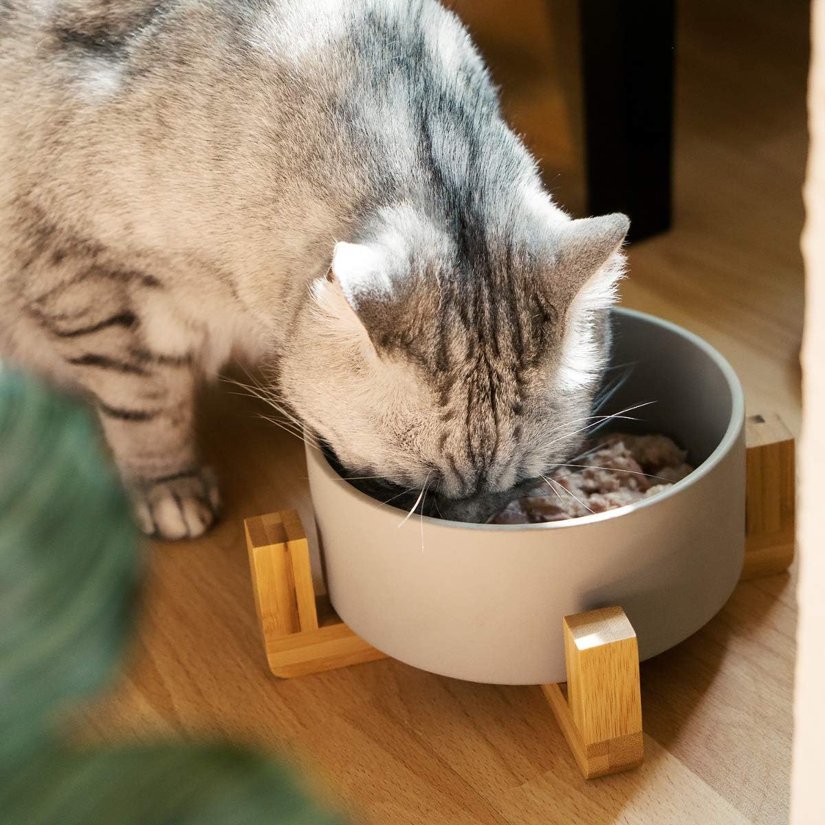 Navaris Ceramic Elevated Cat Bowls, Raised Double Food and Water Bowl Set for Cats and Small Dogs with Wood Stands - Image 3
