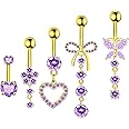 BSJ4U Belly Button Ring Dangle Navel Belly Piercing Jewelry Cute Pink CZ Heart Butterfly Bow Flower Navel Belly Rings for Women 14G Silver Stainless Steel Dainty Dangly Dangling Belly Button Piercing