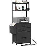 HIGDBFE Small 3 Drawer File Cabinet with Charging Station, 45''H, 3-Tier Filing Cabinet for Home Office, 11''*16'' for Small Printer, Fabric Drawer Fits Letter/A4, Tall Printer Stand, Black